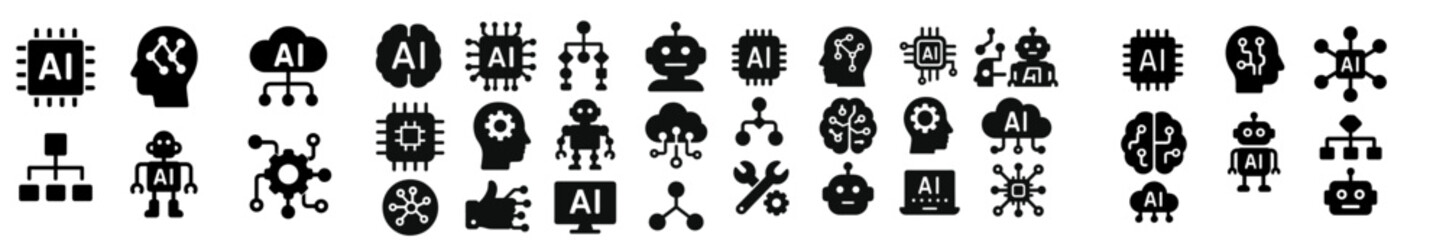 Aufkleber - Various black and white icons representing artificial intelligence concepts and technologies arranged in a creative layout