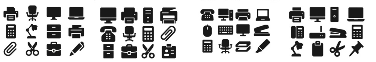 Aufkleber - Collection of office supplies and equipment in black silhouette design for modern workspace decoration