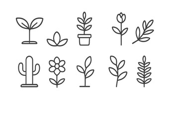 Aufkleber - Line art illustrations of various plants including flowers, leaves, and cacti in simple and elegant design