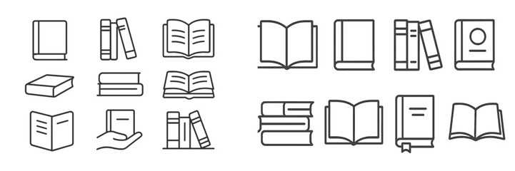 Poster - Various book icons represented in minimalist outline style showcasing different book types and arrangements in a simple design