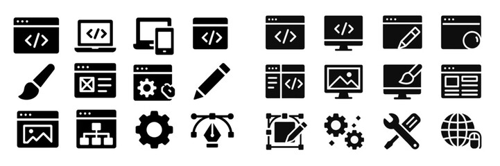 Leinwandbilder - Icons depicting web development tools and software design elements showcasing coding, design, and data management tasks