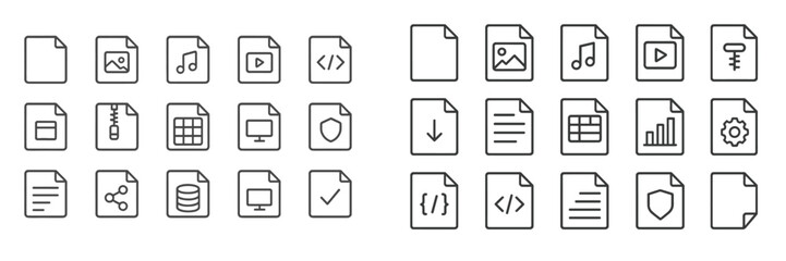 Fototapete - A variety of simple black and white icons representing different file types, including images, audio, video, and documents
