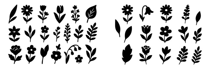 Aufkleber - Collection of black silhouette floral designs arranged in a creative pattern suitable for various decorative projects