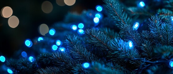 Close-up of blue lights illuminating evergreen branches at night, creating a festive, magical ambiance.