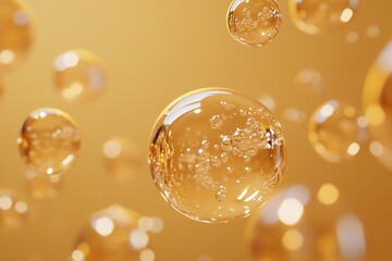 Wall Mural - abstract background of golden spheres with small bubbles inside, floating in a golden-yellow backgro
