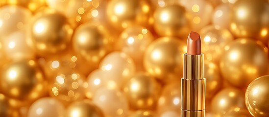 Wall Mural - gold lipstick tube on a background of shiny golden spheres.