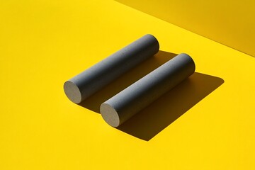 Wall Mural - two dark gray cylinders on a yellow background cast shadows.