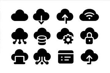 Leinwandbilder - Cloud computing icons illustrating data transfer, storage, and security concepts in a modern digital environment