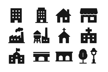 Aufkleber - Black silhouettes of various buildings and structures representing urban and rural environments at different locations