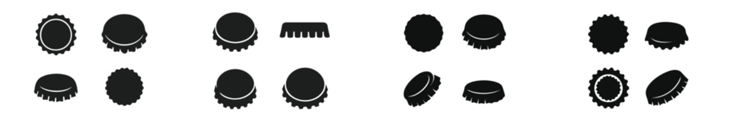 Aufkleber - Various bottle cap designs in black silhouette showcasing unique shapes and patterns on a white background