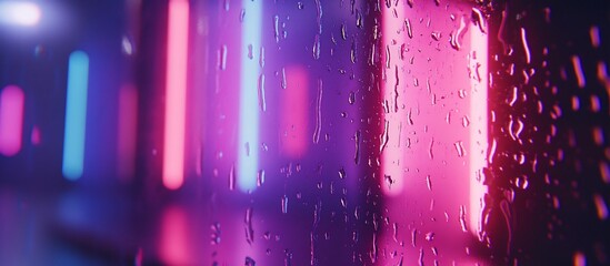 Wall Mural - Rain-streaked window with vibrant neon lights.