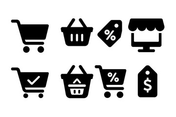 Aufkleber - Collection of black and white shopping icons featuring carts, baskets, tags, and a storefront design