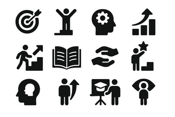 Aufkleber - Illustration of various success and learning concepts depicted through icons and symbols in black and white design