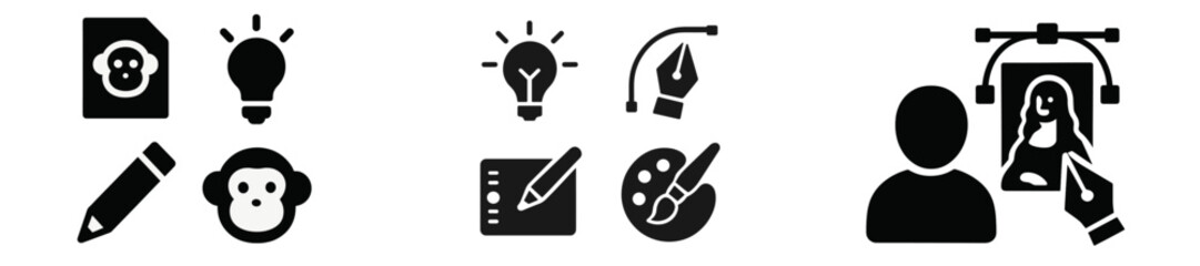 Aufkleber - Creative illustration of artistic elements featuring monkey, light bulb, sketching tools, and a person working on art