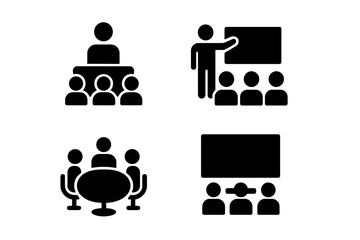 Poster - Symbols representing various meeting formats in a corporate environment showcasing presentations and group discussions at a conference