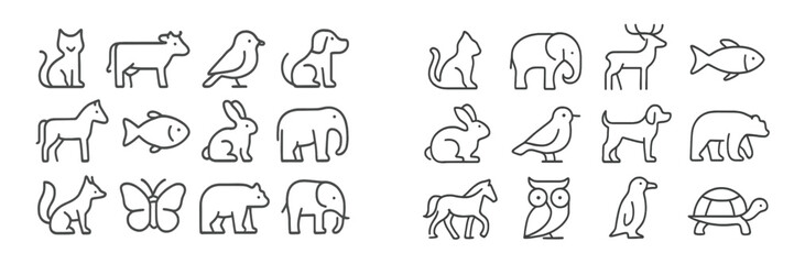 Aufkleber - Collection of simple animal line drawings featuring various species in an organized layout