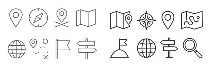 Leinwandbilder - Collection of travel and navigation symbols featuring maps, compasses, and location markers for outdoor adventures