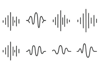 Fototapete - Sound wave patterns illustrating various frequencies and amplitudes in a clean, minimalist style on a light background