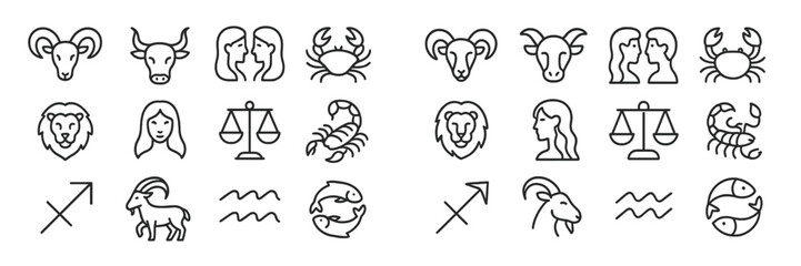 Poster - Zodiac symbols represented by simple line art designs showcasing the twelve astrological signs against a minimalistic background