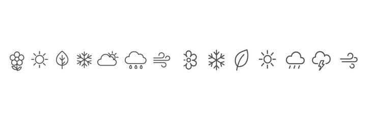 Aufkleber - Weather symbols depicting various atmospheric conditions including sun, rain, and snow represented in a simple style
