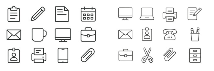 Aufkleber - Collection of office icons representing documents, tools, and equipment for workplace organization and communication