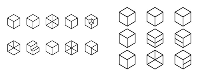 Leinwandbilder - Illustration of various geometric cube designs arranged in two groups showcasing different line patterns and perspectives