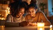 © ANGEL4289 - Cyberbullying Prevention concept. Two friends enjoying time together with a smartphone in a cozy setting.