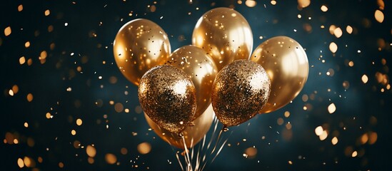 Wall Mural - Gold balloons with glitter confetti on a dark background.