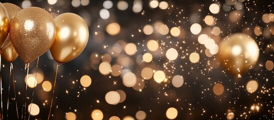 Wall Mural - Gold balloons float against a sparkling, bokeh background.