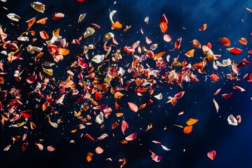 Wall Mural - colorful flower petals and confetti falling against a dark blue background.