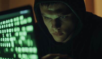 young man intensely focused on computer screen displaying binary code at night.