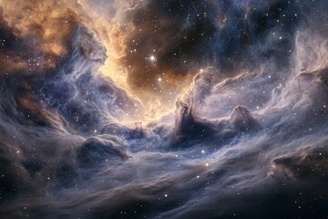 Wall Mural - Stunning cosmic nebula with swirling gas and dust clouds, vibrant colors, and distant stars.