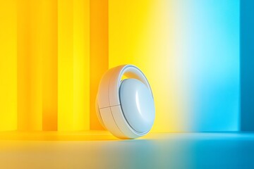 Wall Mural - futuristic white single wheel vehicle in vibrant yellow and blue studio setting.
