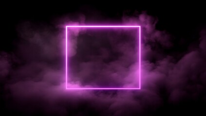 Wall Mural - Glowing pink neon square frame in smoky dark background.