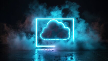 Wall Mural - glowing neon cloud icon in square frame, smoky background.
