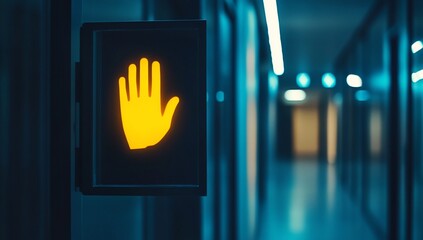 Wall Mural - Illuminated yellow hand symbol on a dark hallway wall, indicating a stop or warning.