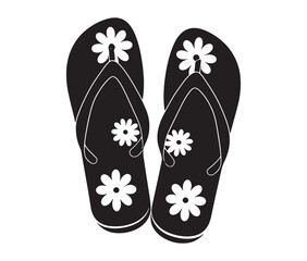 Silhouette flip flops vector illustration. Beach sandal silhouette with flower pattern.