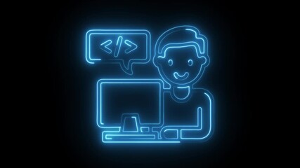 Software developer neon outline working on computer coding with chat bubble illustration