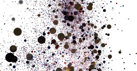 Poster - Abstract art featuring vibrant red, blue, gold, and black particles on white
