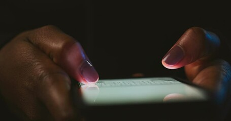 Fototapete - Night, phishing and hands typing with phone for texting, internet crime and person with digital fraud. Password, cybersecurity and hacker with smartphone for online scam, dark web crypto and risk