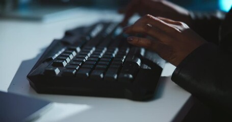 Leinwandbilder - Keyboard, hands and hacker in office at night working on programming for malware server. Typing, online and woman hacking with password phishing for company reports with cybersecurity encryption.