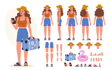 Wall Mural - girl wearing summer clothes holding baggage. character constructor for animation. front, side and ba