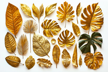Aufkleber - An artistic arrangement of different types of golden leaves on a bright background displays the elegance of nature
