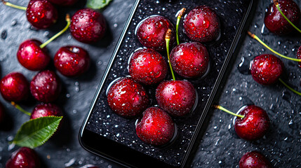 Poster - Juicy cherries sit atop a smartphone, creating a vibrant contrast with the dark background and water droplets enhancing their freshness