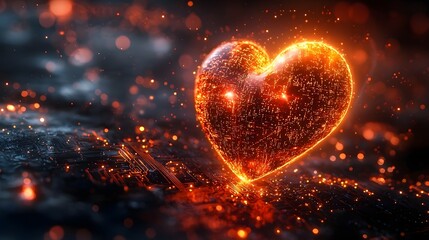 Wall Mural - holographic heart glowing amidst digital circuits