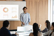 © fizkes - Cheerful Hispanic businessman, trainer or lecturer standing and speaking in front of group of people during seminar, explain vision, provide point of view, share professional skills. Lecture, training