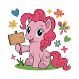 Adorable pink pony with a blank sign surrounded by decorative flowers and hearts on green grass