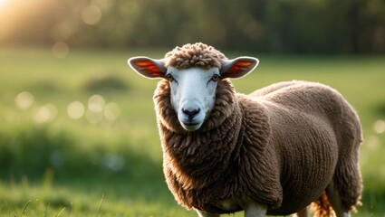 Wall Mural - direct gaze of a brown sheep ewe towards the camera