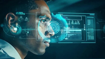 Aufkleber - Man in Tech: A close-up view of a man, his face partially obscured by an overlay of holographic technology, embodying a futuristic vision of connectivity and progress.