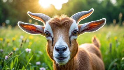 Wall Mural - Portrait of a playful adult goat in a lush green summer field